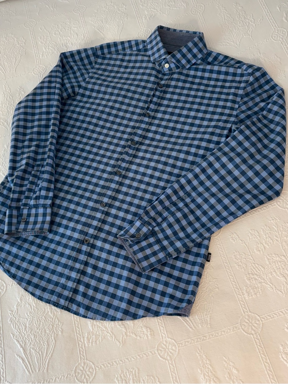 BOSS-Hugo Boss Blue Check Button Down Shirt- Slim Fit   Men’s-Large